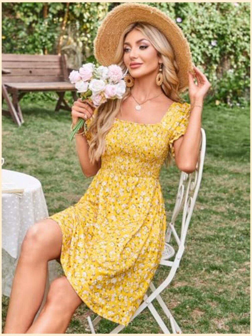 Women's Square Neck Short Puff Sleeve Floral Smocked Swing Dress with Pockets - Picture 4 of 7